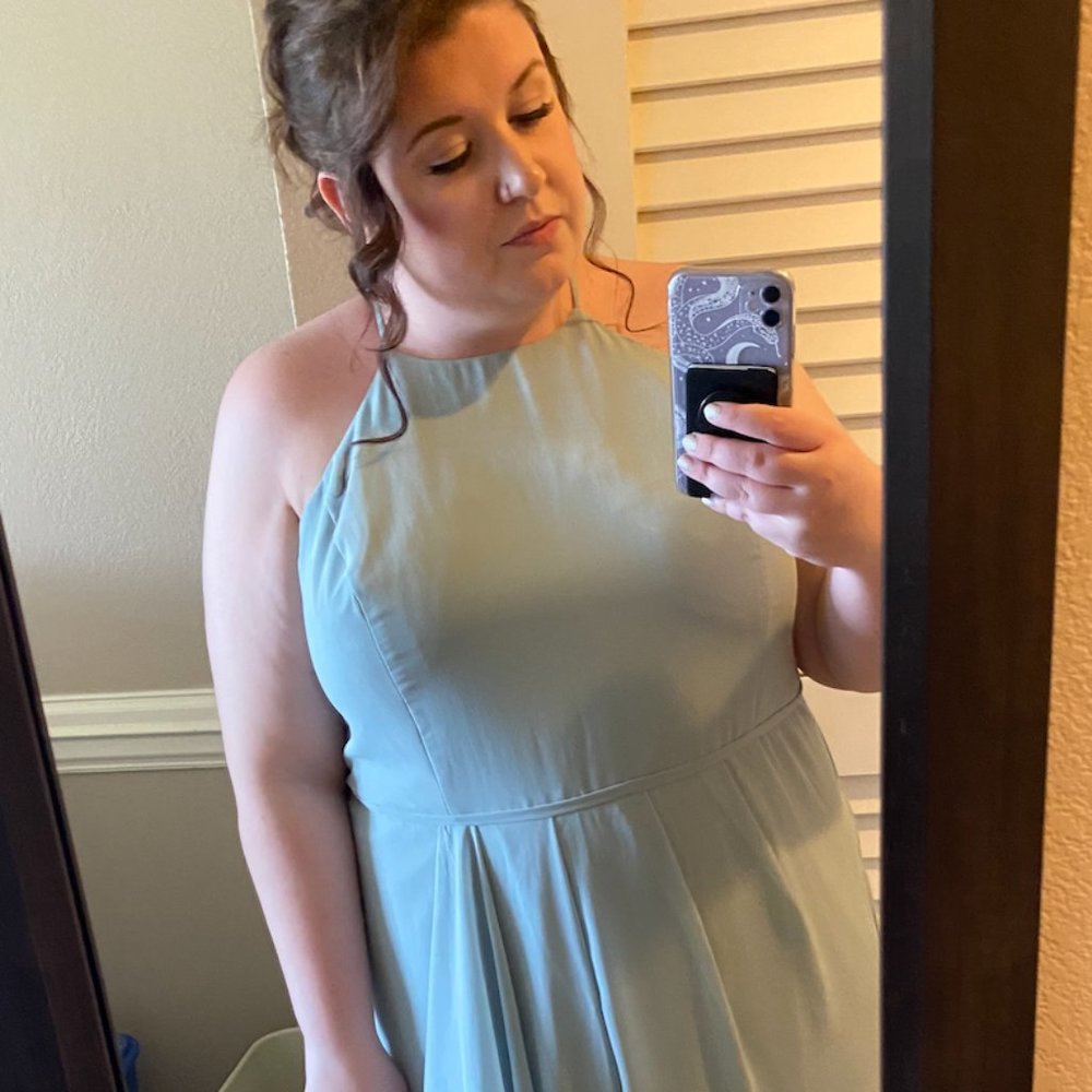 HIGH-NECK CHIFFON BRIDESMAID DRESS WITH CASCADE | DUSTY SAGE | PLUS SIZE SIZE 24